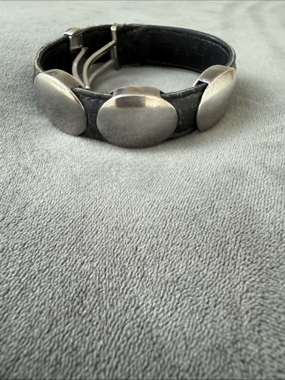 Women's Black Leather Bracelet with Silver Disc Accents
